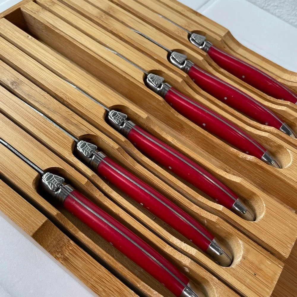 Laguiole Jean Dubost Steak Knife Set 6 Piece Red Handles French Stainless Steel